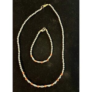 Vintage Hematite Beaded Necklace & Bracelet Set Orange Accents Gold Clasp